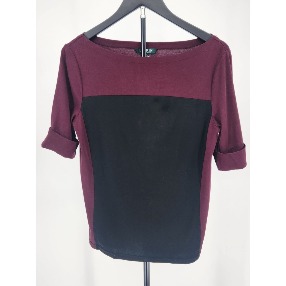 Lauren Ralph Lauren Womens Colorblock Boat Neck Burgundy Black Cuffed Sleeve L
